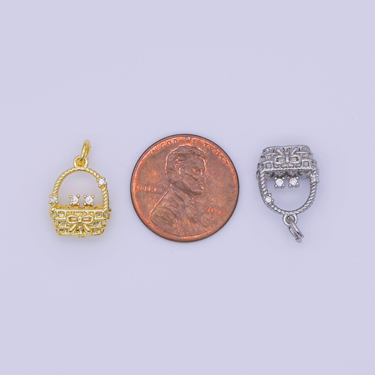 24K Gold Filled CZ Picnic Basket 3D Multidimensional Charm in Gold & Silver | AJ366 - DLUXCA