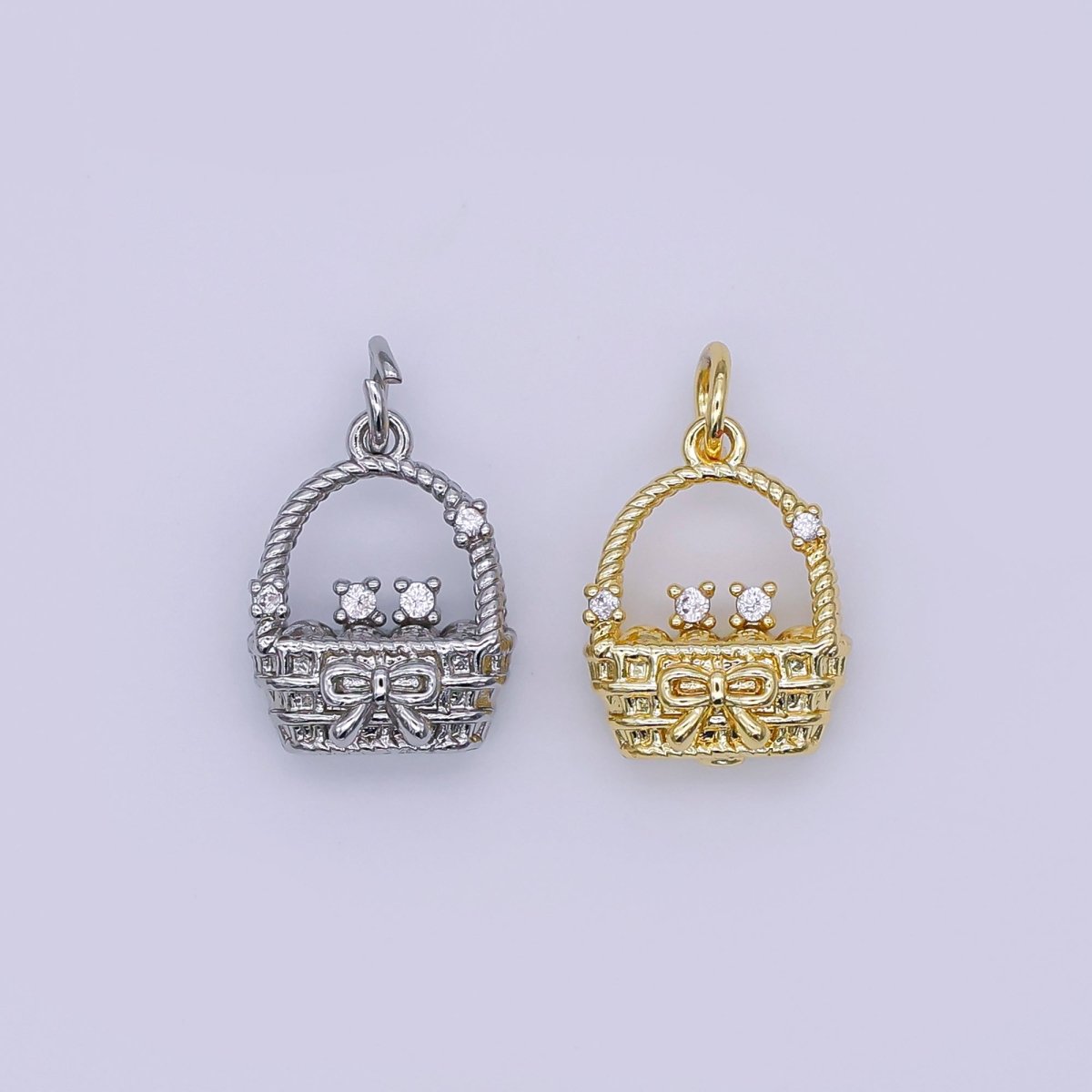 24K Gold Filled CZ Picnic Basket 3D Multidimensional Charm in Gold & Silver | AJ366 - DLUXCA
