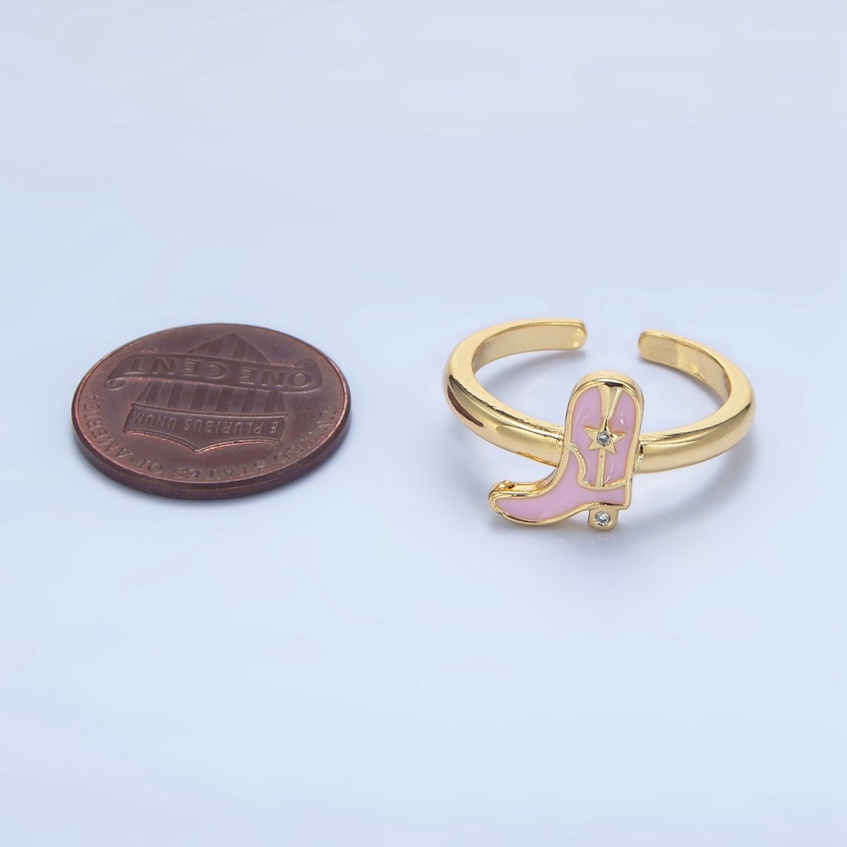 24K Gold Filled CZ Pink Enamel Cowboy Boots Ring | O979 - DLUXCA