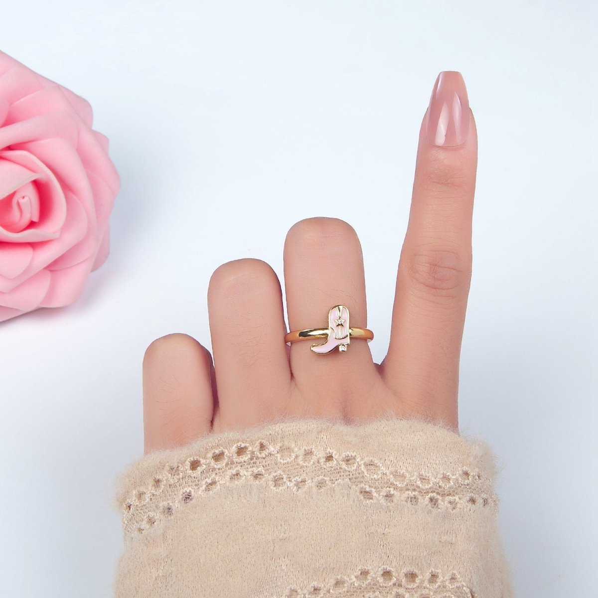 24K Gold Filled CZ Pink Enamel Cowboy Boots Ring | O979 - DLUXCA