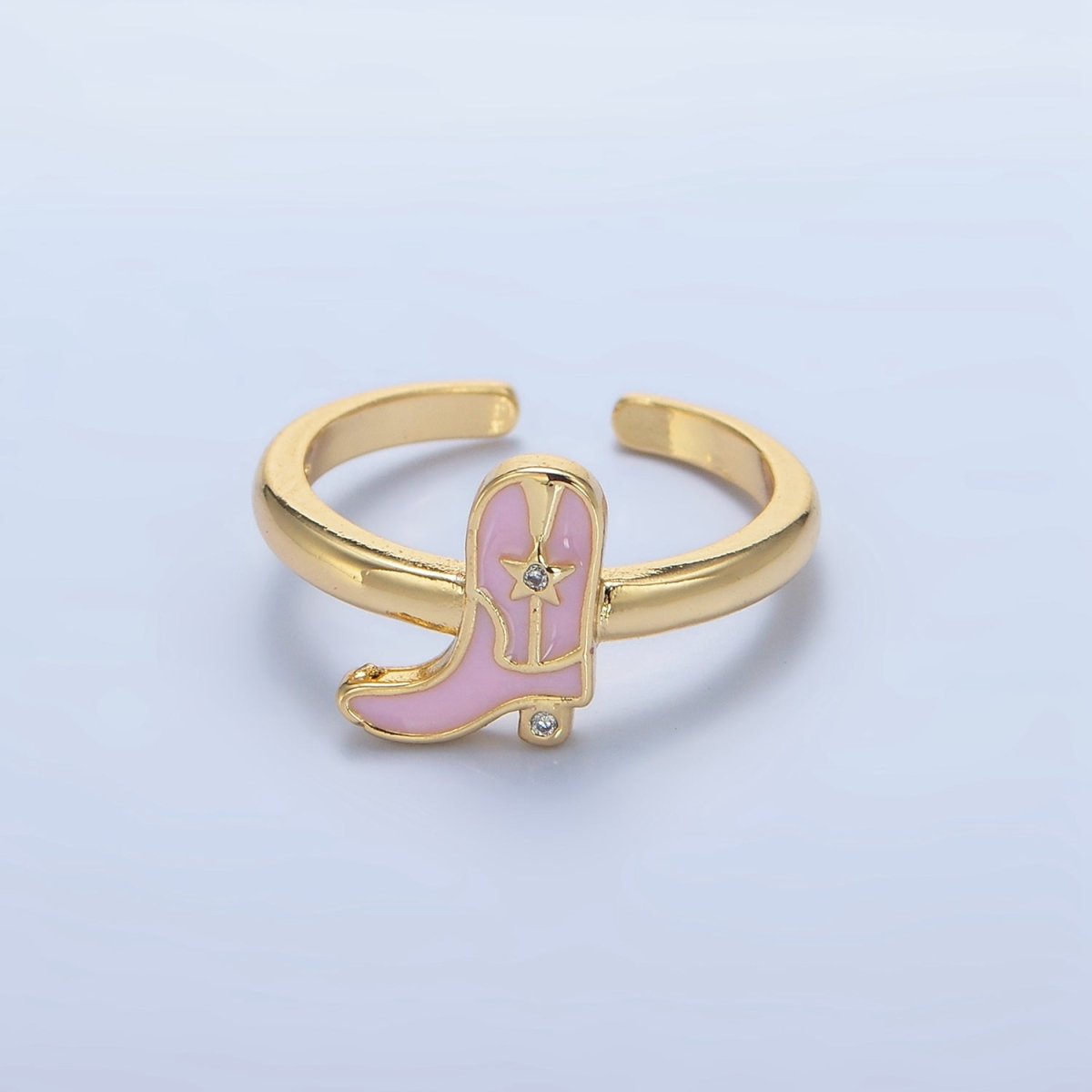 24K Gold Filled CZ Pink Enamel Cowboy Boots Ring | O979 - DLUXCA