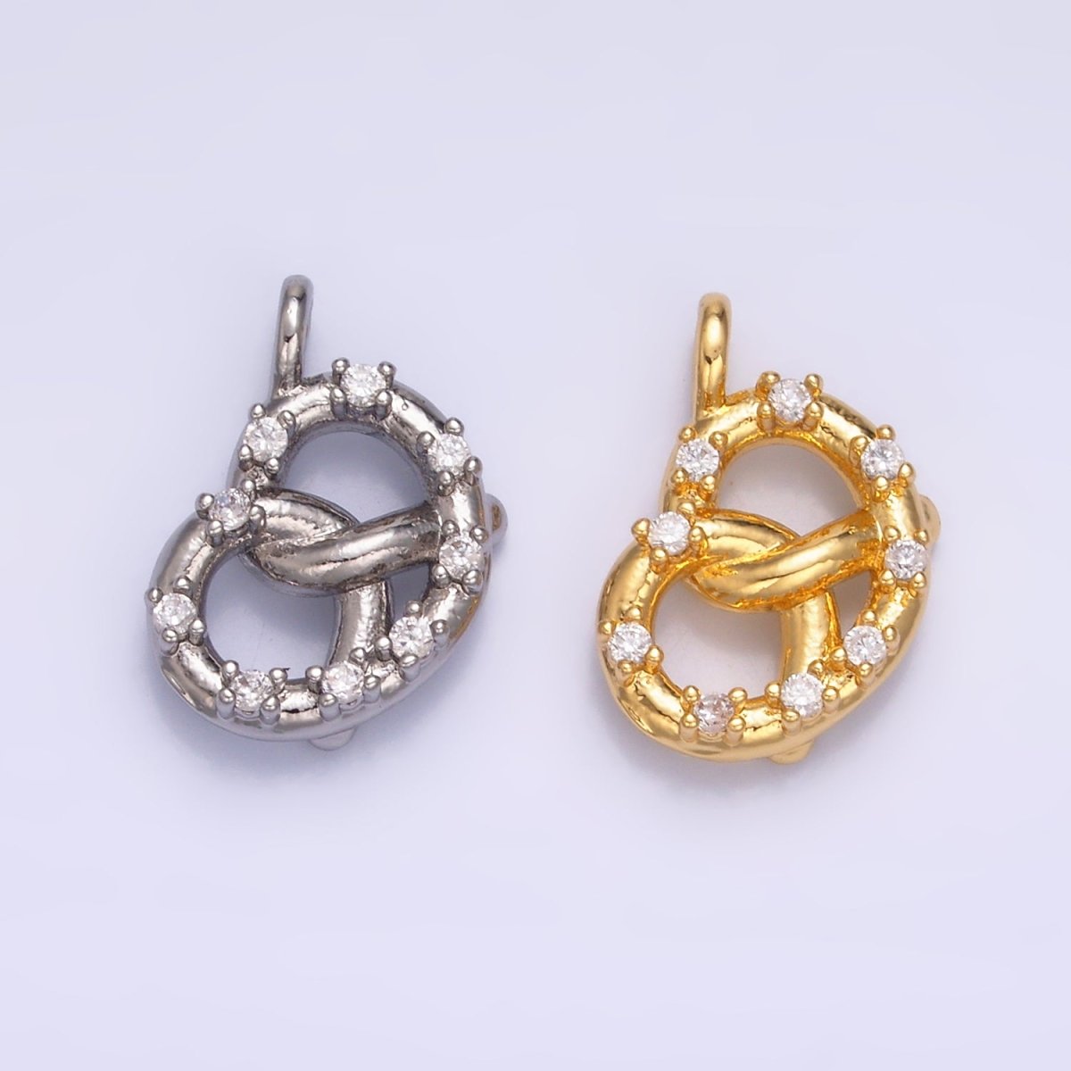 24K Gold Filled CZ Pretzel Pastry Food Charm in Gold & Silver | W340 - DLUXCA