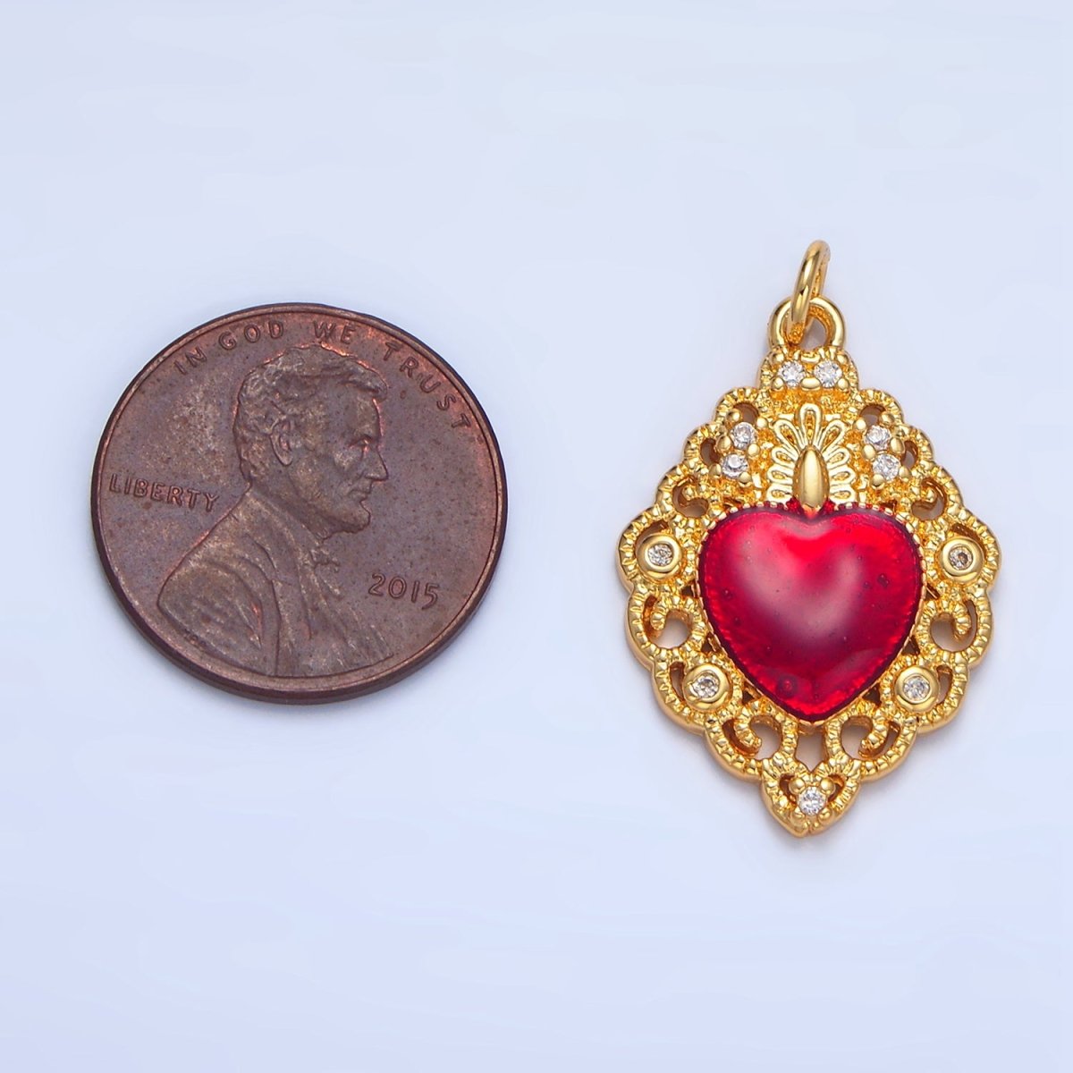 24K Gold Filled CZ Red Elaborate Artisan Geometric Heart Charm | X867 - DLUXCA