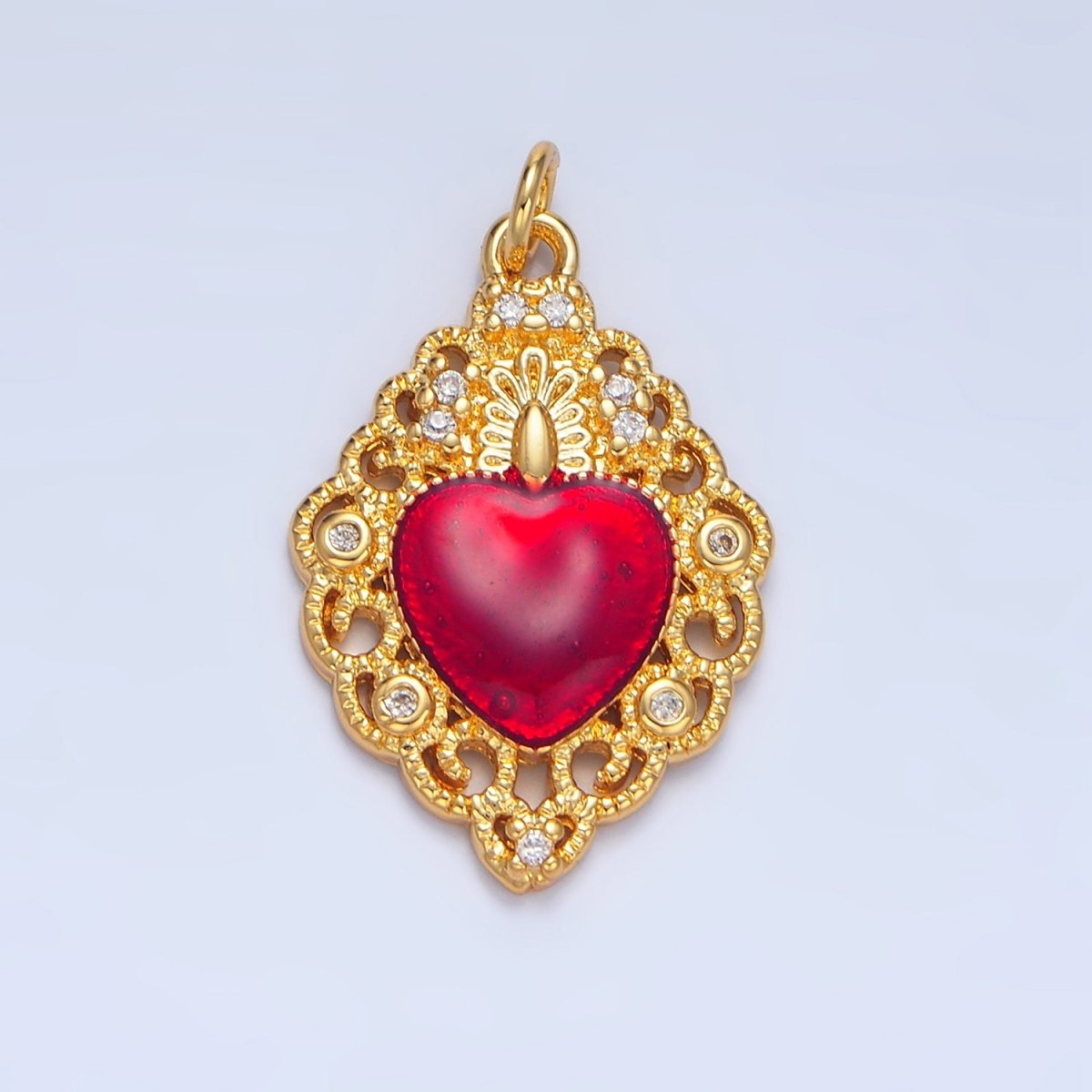 24K Gold Filled CZ Red Elaborate Artisan Geometric Heart Charm | X867 - DLUXCA