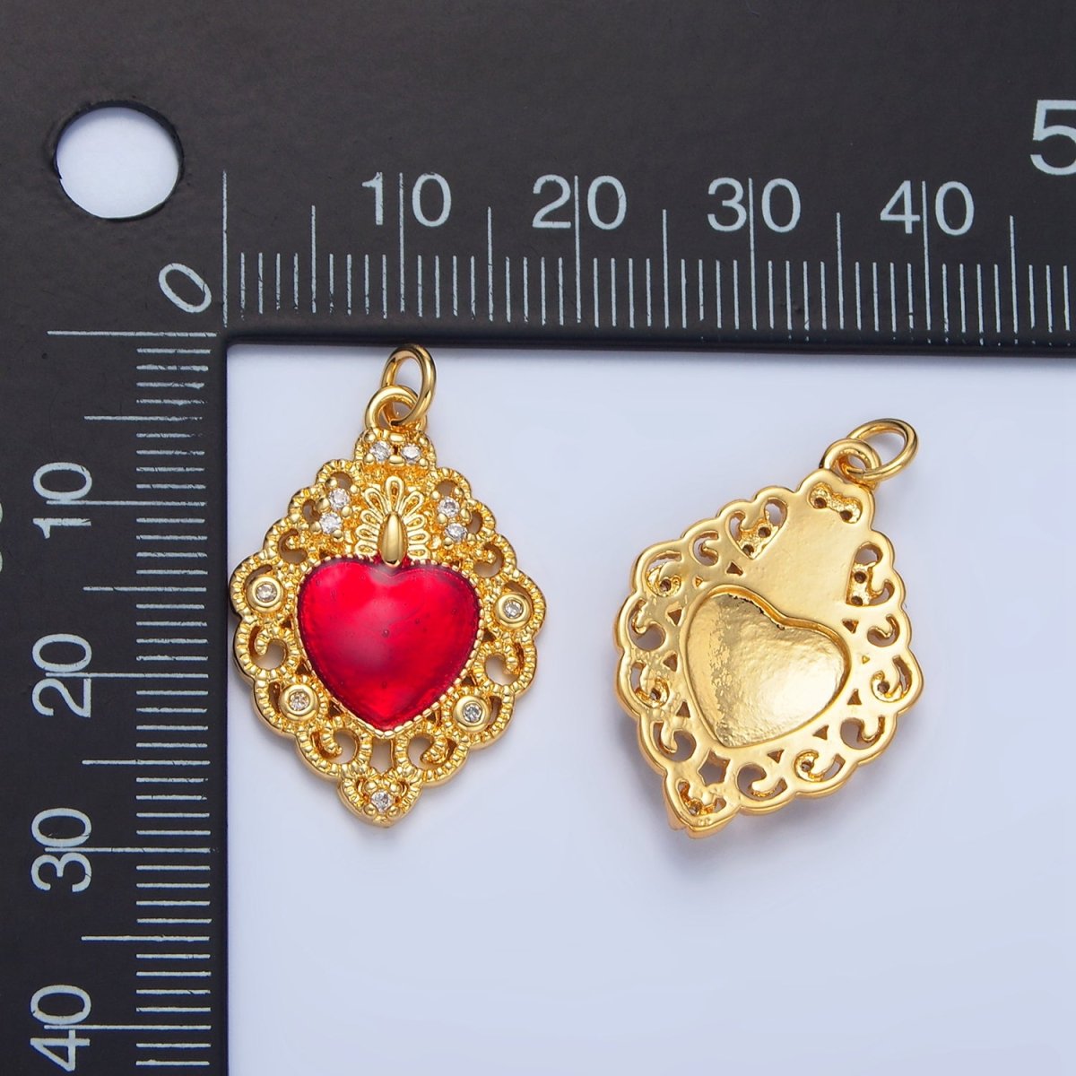 24K Gold Filled CZ Red Elaborate Artisan Geometric Heart Charm | X867 - DLUXCA