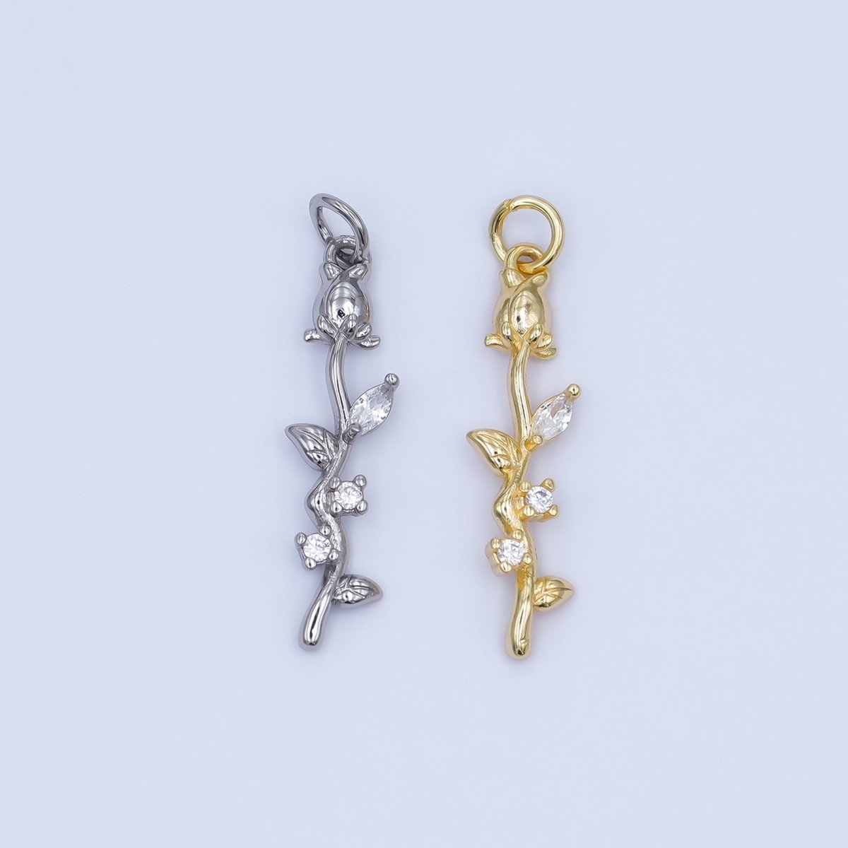 24K Gold Filled CZ Rose Flower Wavy Charm in Gold & Silver | AF470 - DLUXCA