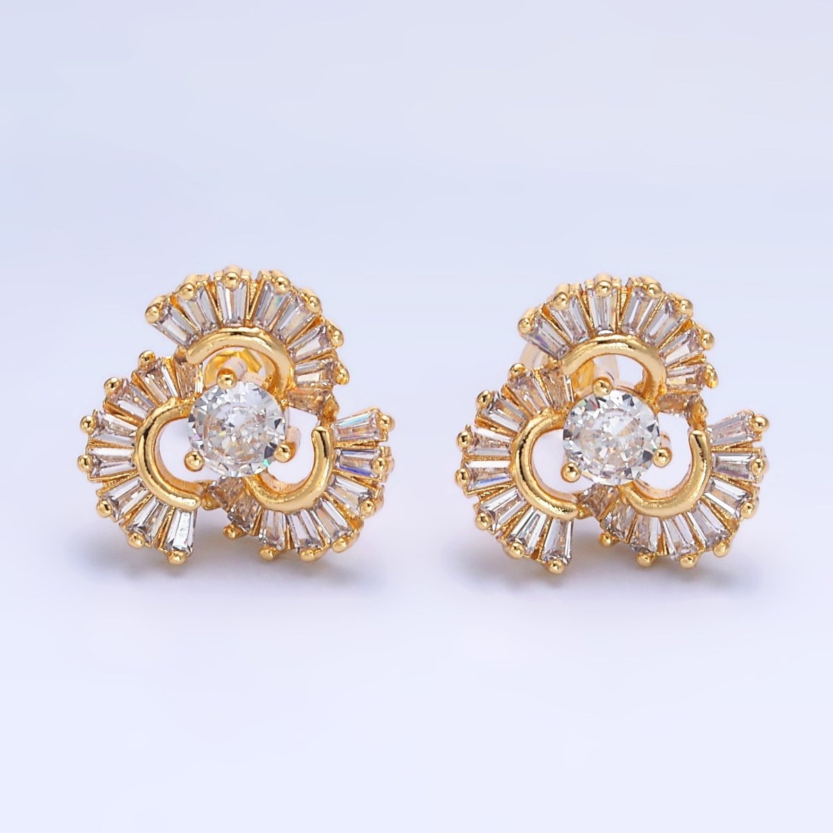 24K Gold Filled CZ Round Baguette Circular Geometric Stud Earrings | AB1441 - DLUXCA