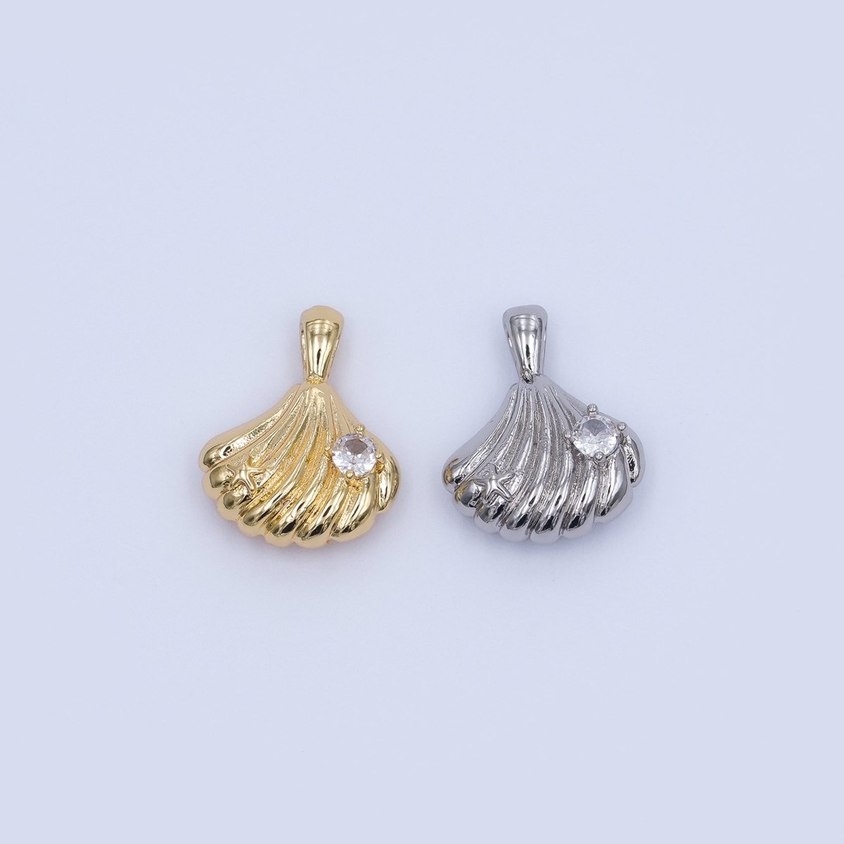 24K Gold Filled CZ Scallop Sea Shells 3D Multidimensional Pendant in Gold & Silver | AH459 - DLUXCA