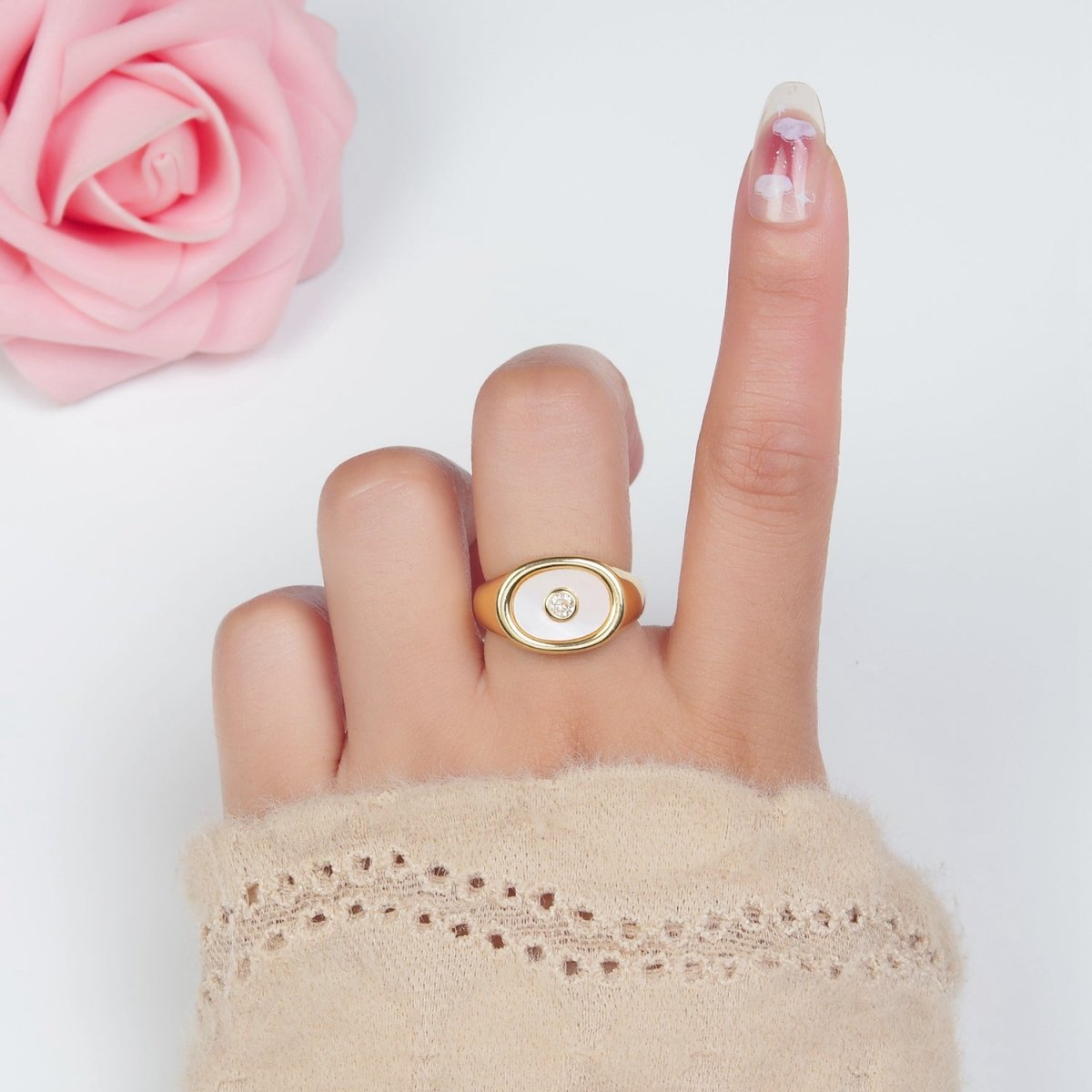 24K Gold Filled CZ Shell Pearl Signet Ring | O1403 - DLUXCA