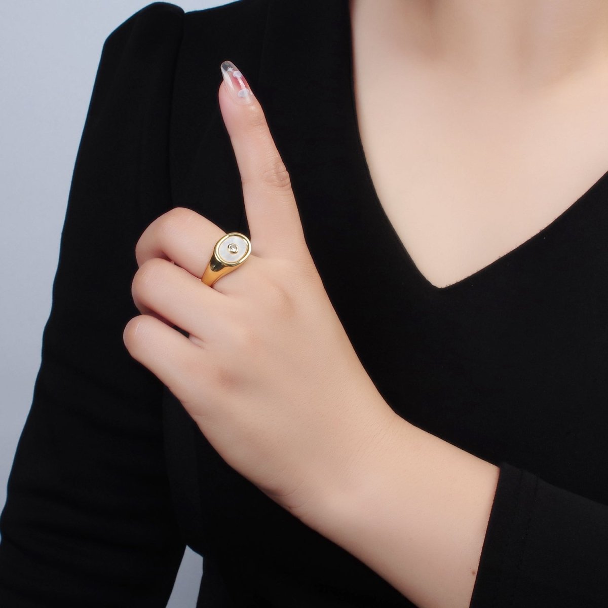 24K Gold Filled CZ Shell Pearl Signet Ring | O1403 - DLUXCA