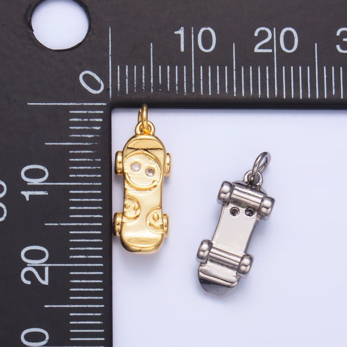 24K Gold Filled CZ Smiley Face Skateboard Charm in Gold & Silver | W792 - DLUXCA