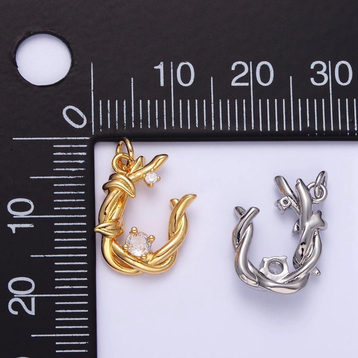 24K Gold Filled CZ U - Shaped Nature Leaf Horseshoe Charm in Gold & Silver | AG846 - DLUXCA