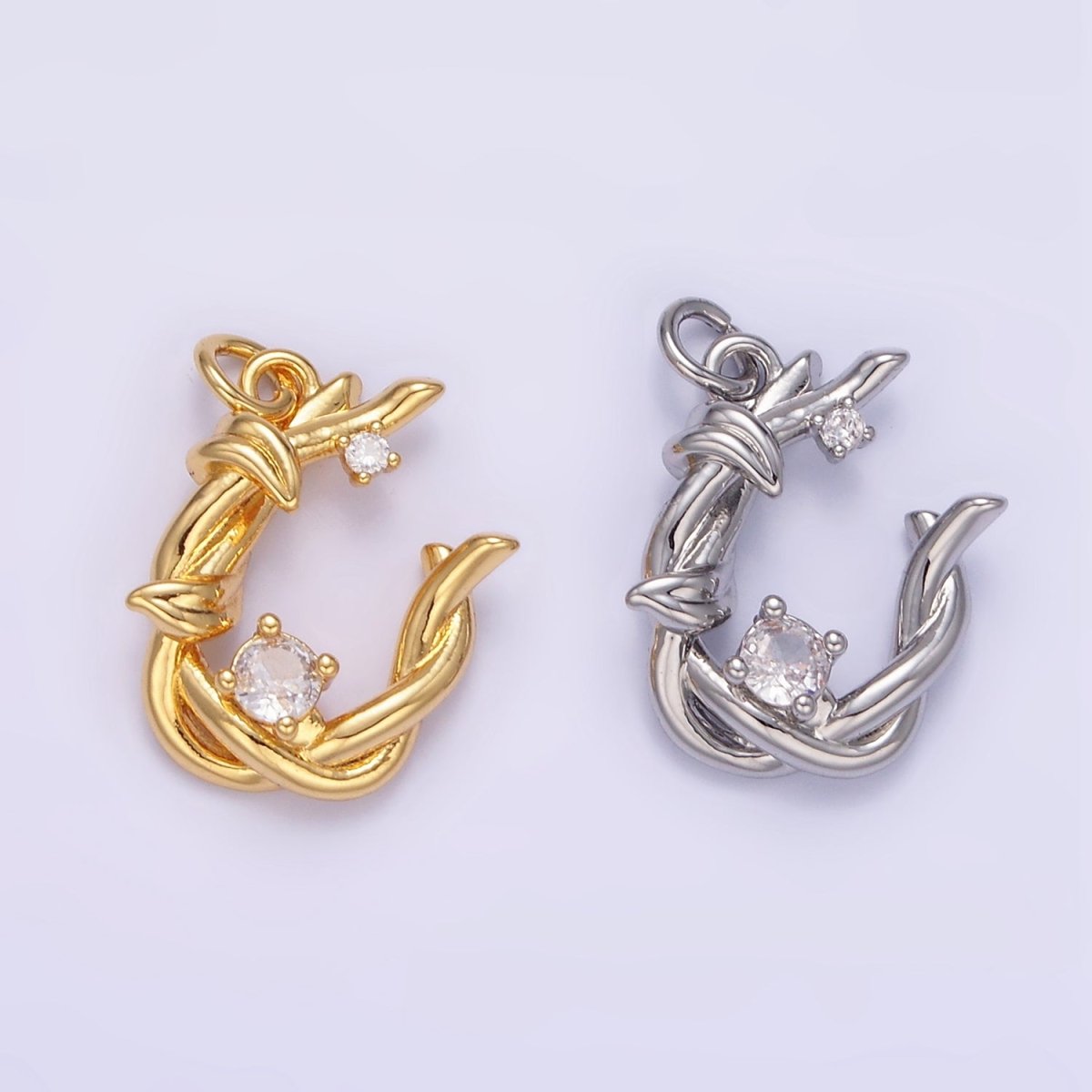 24K Gold Filled CZ U - Shaped Nature Leaf Horseshoe Charm in Gold & Silver | AG846 - DLUXCA