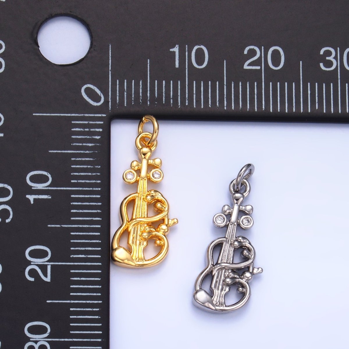 24K Gold Filled CZ Violin Cello Music Instrument Charm in Gold & Silver | W369 - DLUXCA