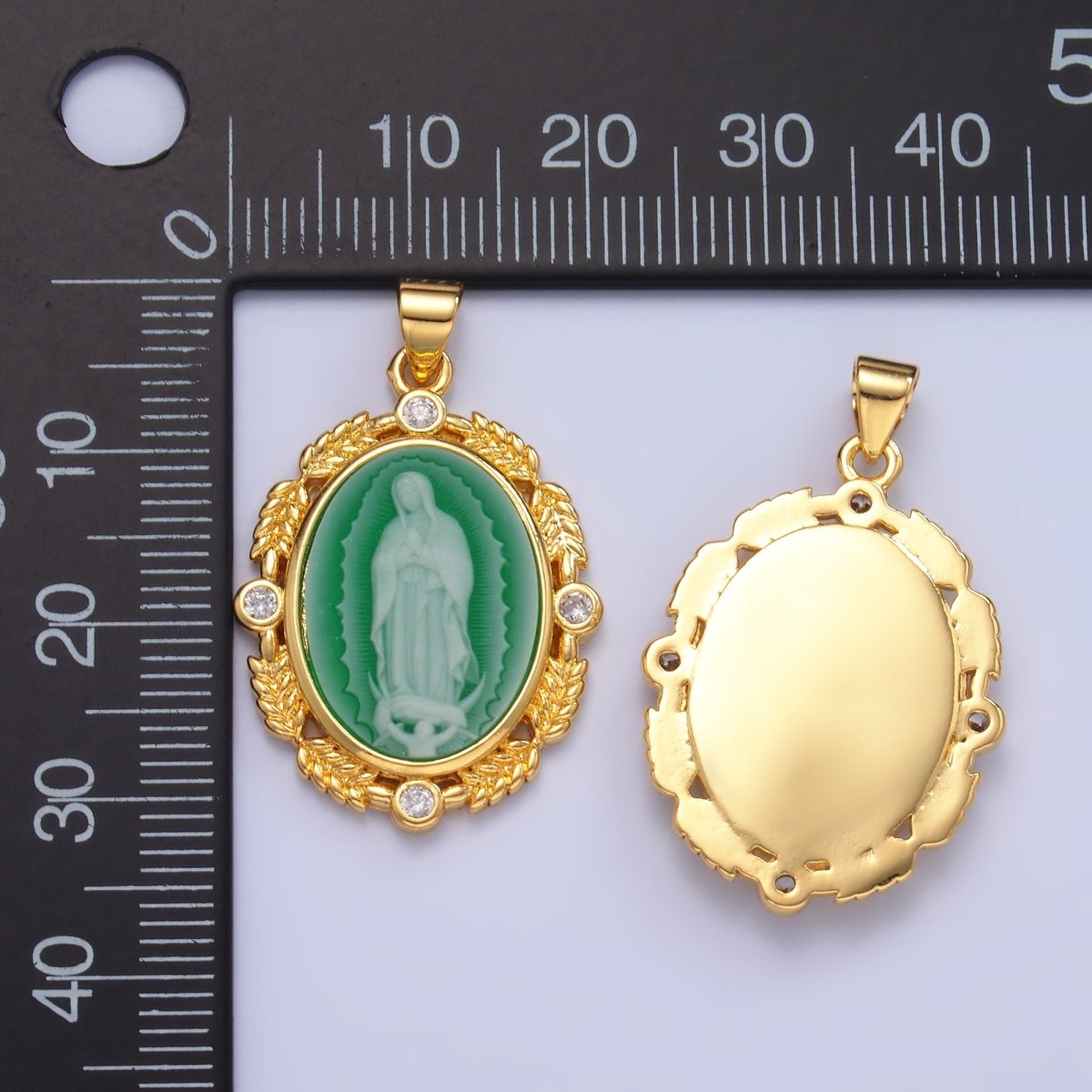 24K Gold Filled CZ Virgin Mary Flower Leaf Outline Oval Religious Pendant | AA867 - DLUXCA