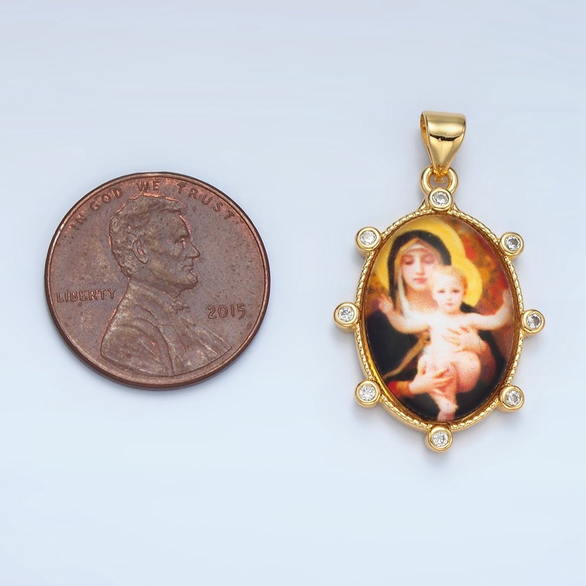 24K Gold Filled CZ Virgin Mary Holding Baby Jesus Oval Religious Pendant | AA - 903 - DLUXCA