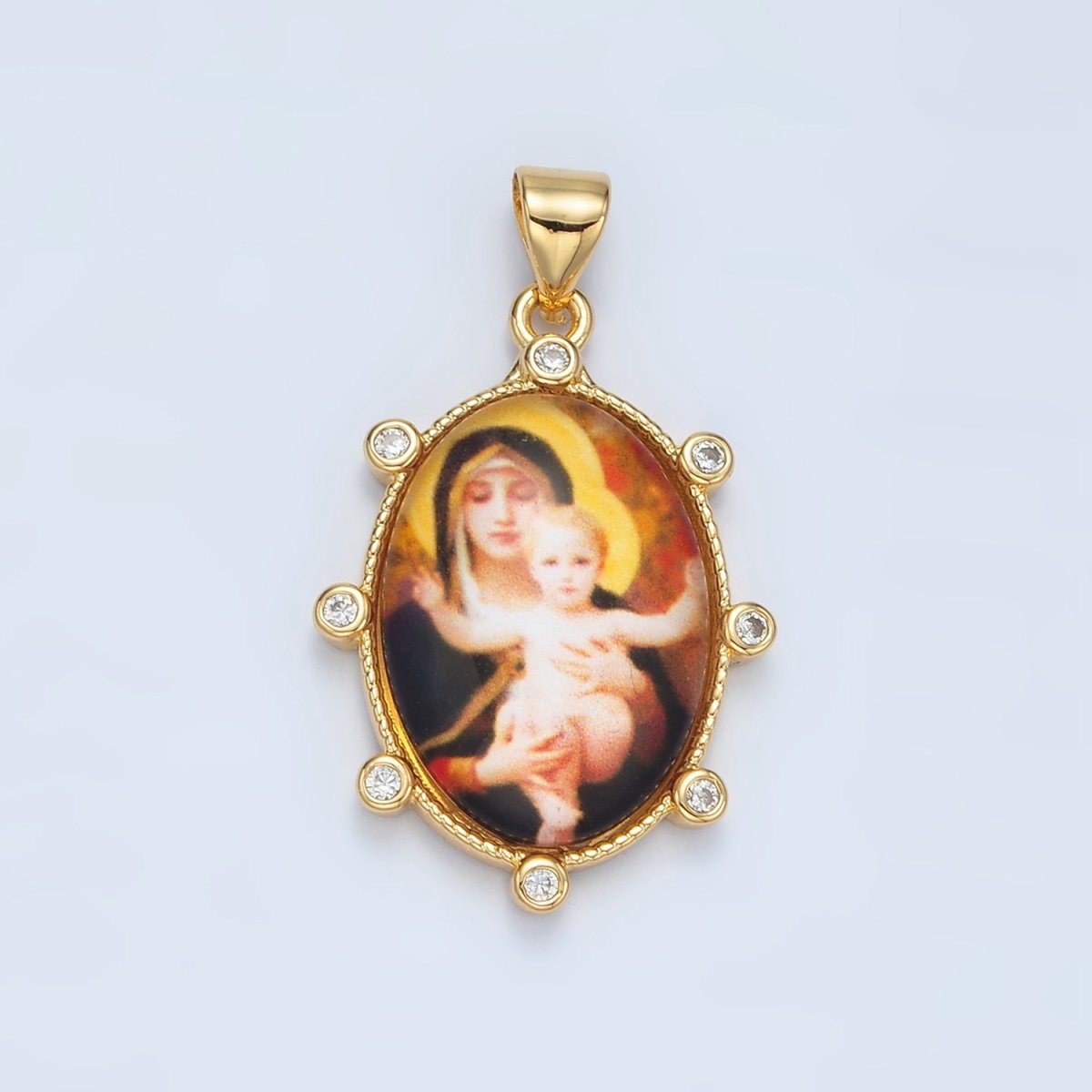 24K Gold Filled CZ Virgin Mary Holding Baby Jesus Oval Religious Pendant | AA - 903 - DLUXCA