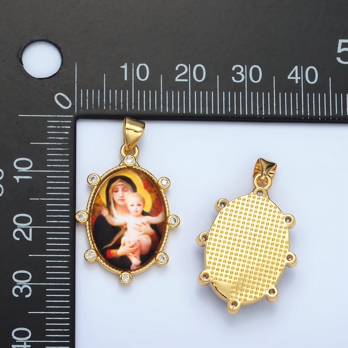 24K Gold Filled CZ Virgin Mary Holding Baby Jesus Oval Religious Pendant | AA - 903 - DLUXCA