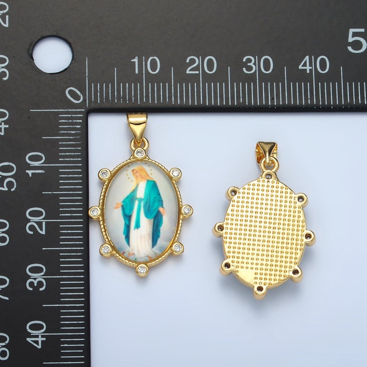 24K Gold Filled CZ Virgin Mary Oval Religious Pendant | AA - 900 - DLUXCA