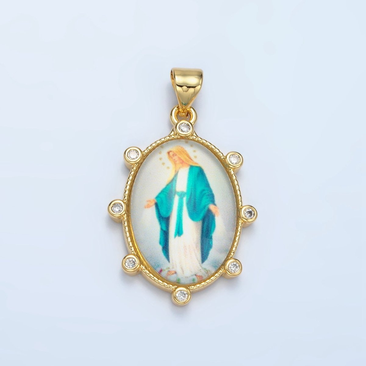 24K Gold Filled CZ Virgin Mary Oval Religious Pendant | AA - 900 - DLUXCA