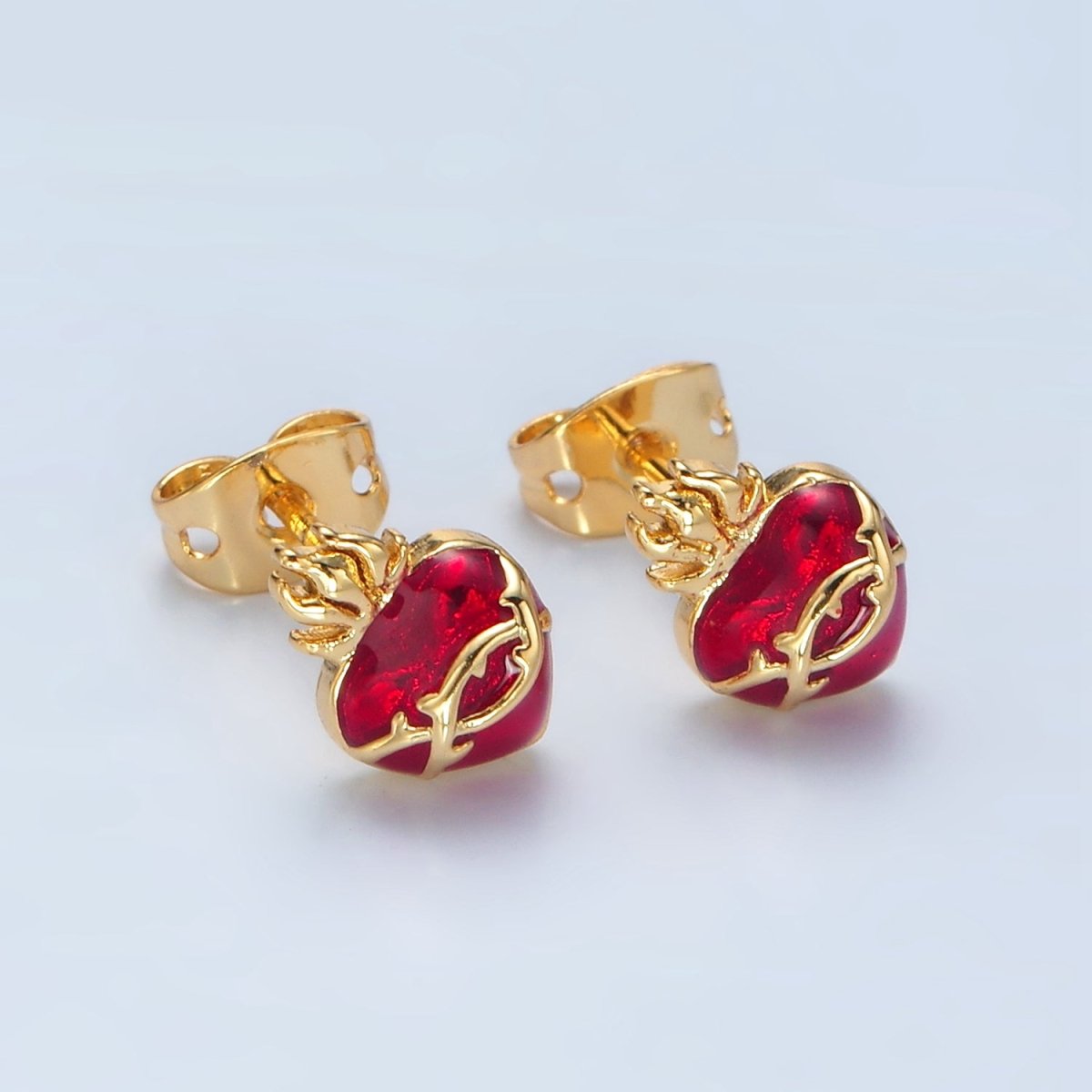 24K Gold Filled Dainty Red Flamed Heart Stud Earrings | AD - 606 - DLUXCA