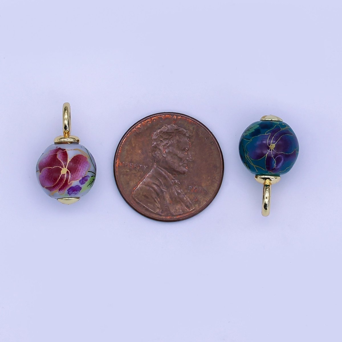 24K Gold Filled Dark Blue, Yellow, Light Blue, Pink Flower Round Ceramic Drop Pendant | C458 C478 - DLUXCA