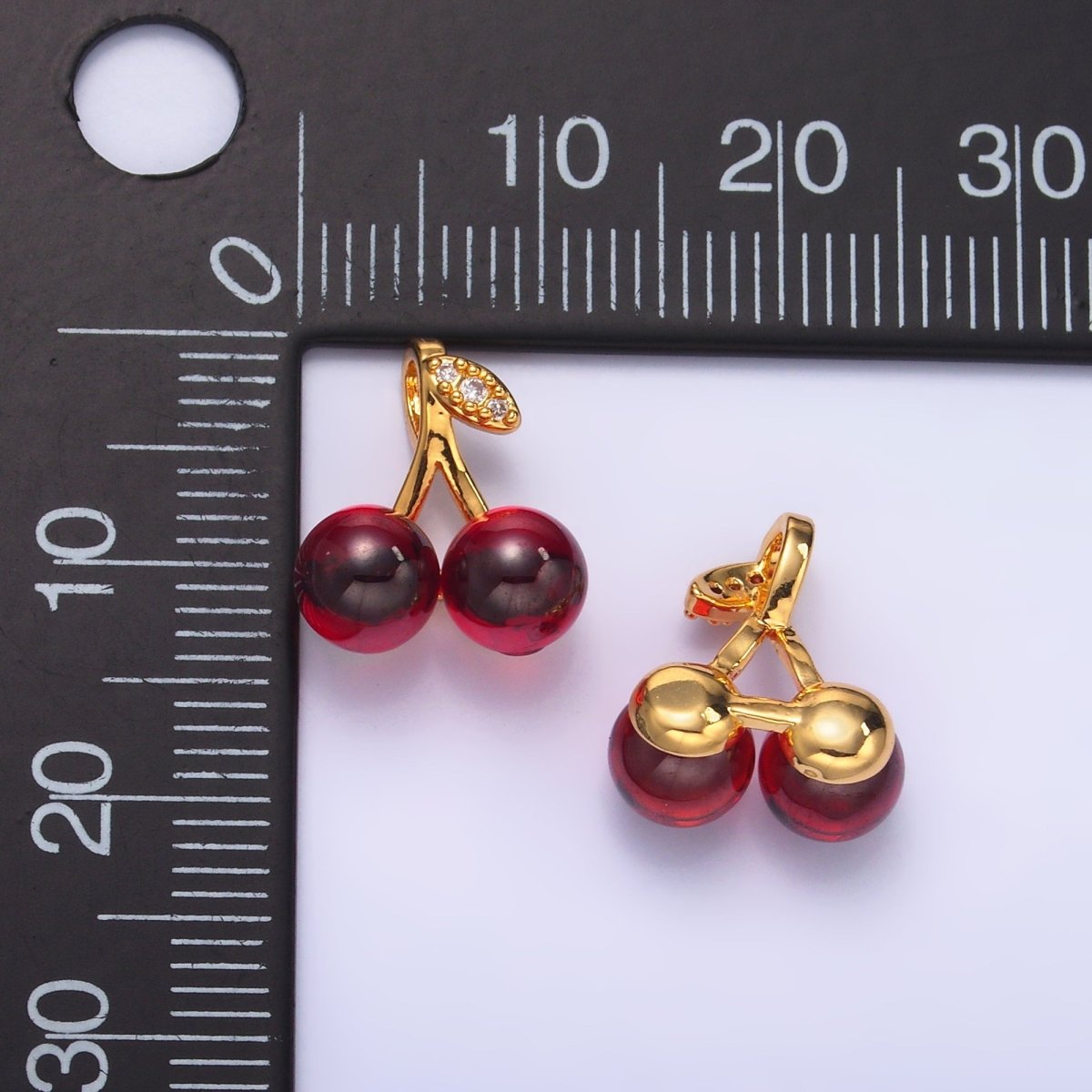 24K Gold Filled Dark Red Acrylic Micro Paved CZ Cherry Fruit Pendant | AA1439 - DLUXCA