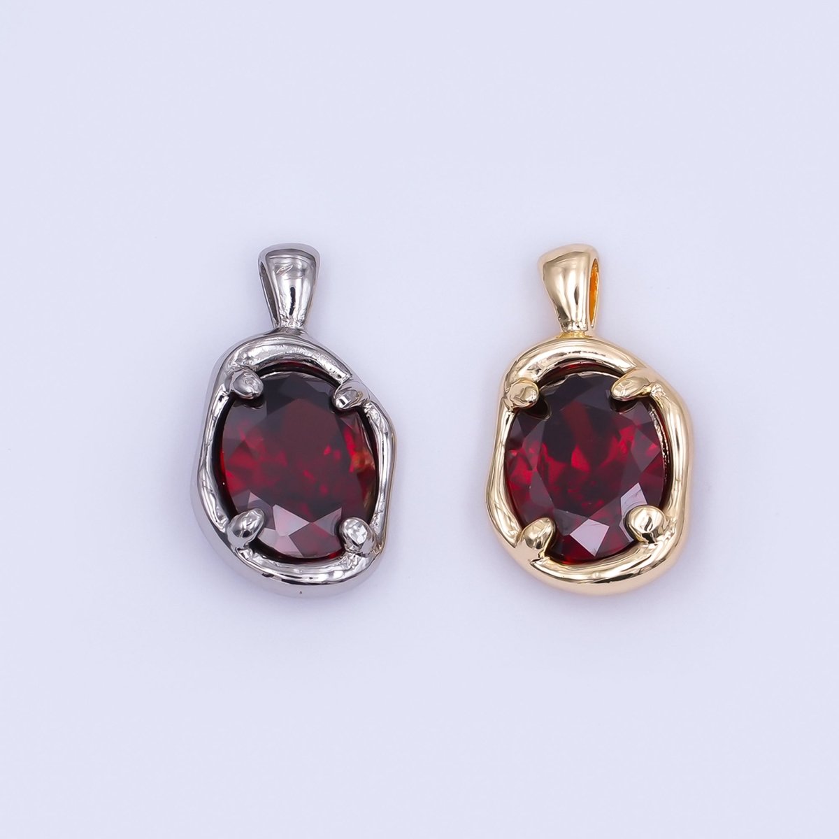 24K Gold Filled Dark Red CZ Molten Bezel Pendant in Gold & Silver | AH456 - DLUXCA