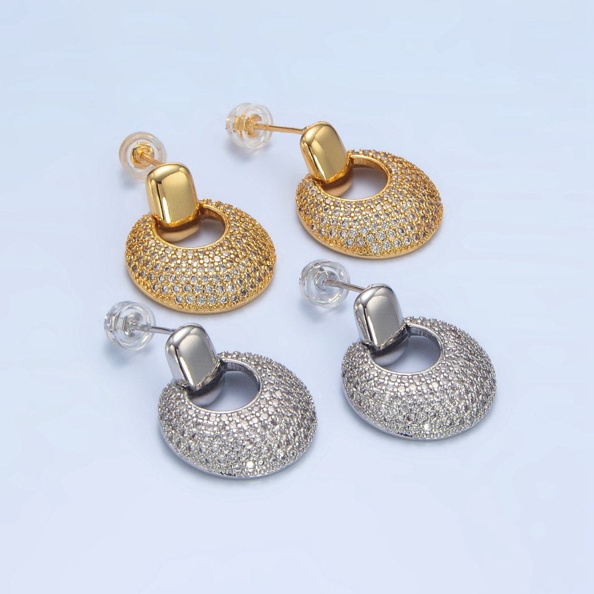 24K Gold Filled Dome Micro Paved CZ Door Knocker Drop Stud Earrings in Gold & Silver | P113 P121 - DLUXCA