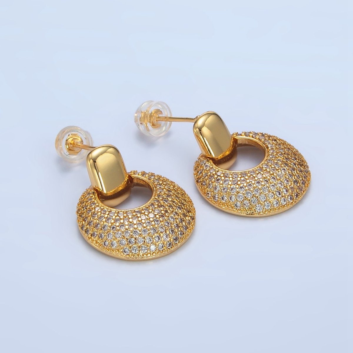 24K Gold Filled Dome Micro Paved CZ Door Knocker Drop Stud Earrings in Gold & Silver | P113 P121 - DLUXCA