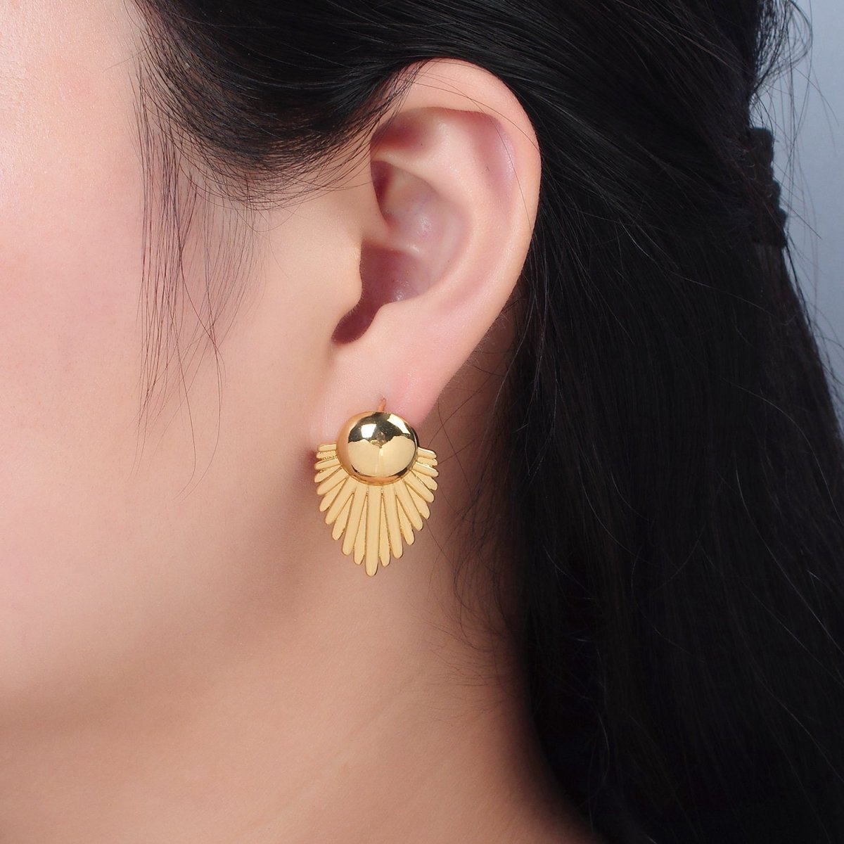 24K Gold Filled Dome Sunburst Feather Door Knob Stud Earrings | AD727 - DLUXCA