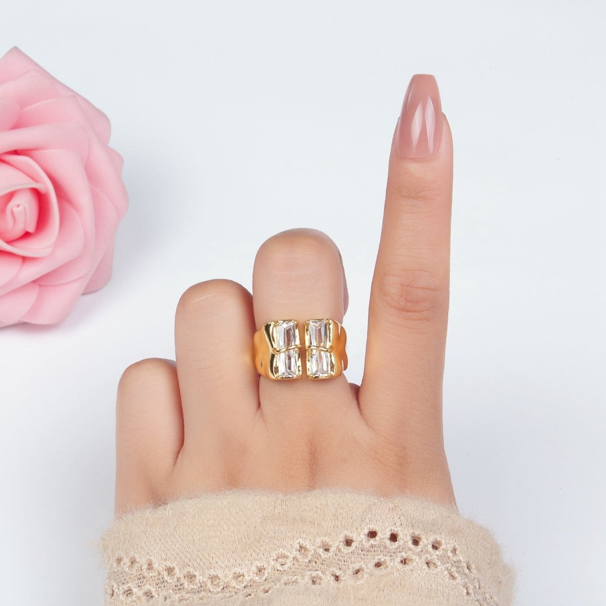 24K Gold Filled Double Baguette CZ Signet Wrap Ring | U330 - DLUXCA