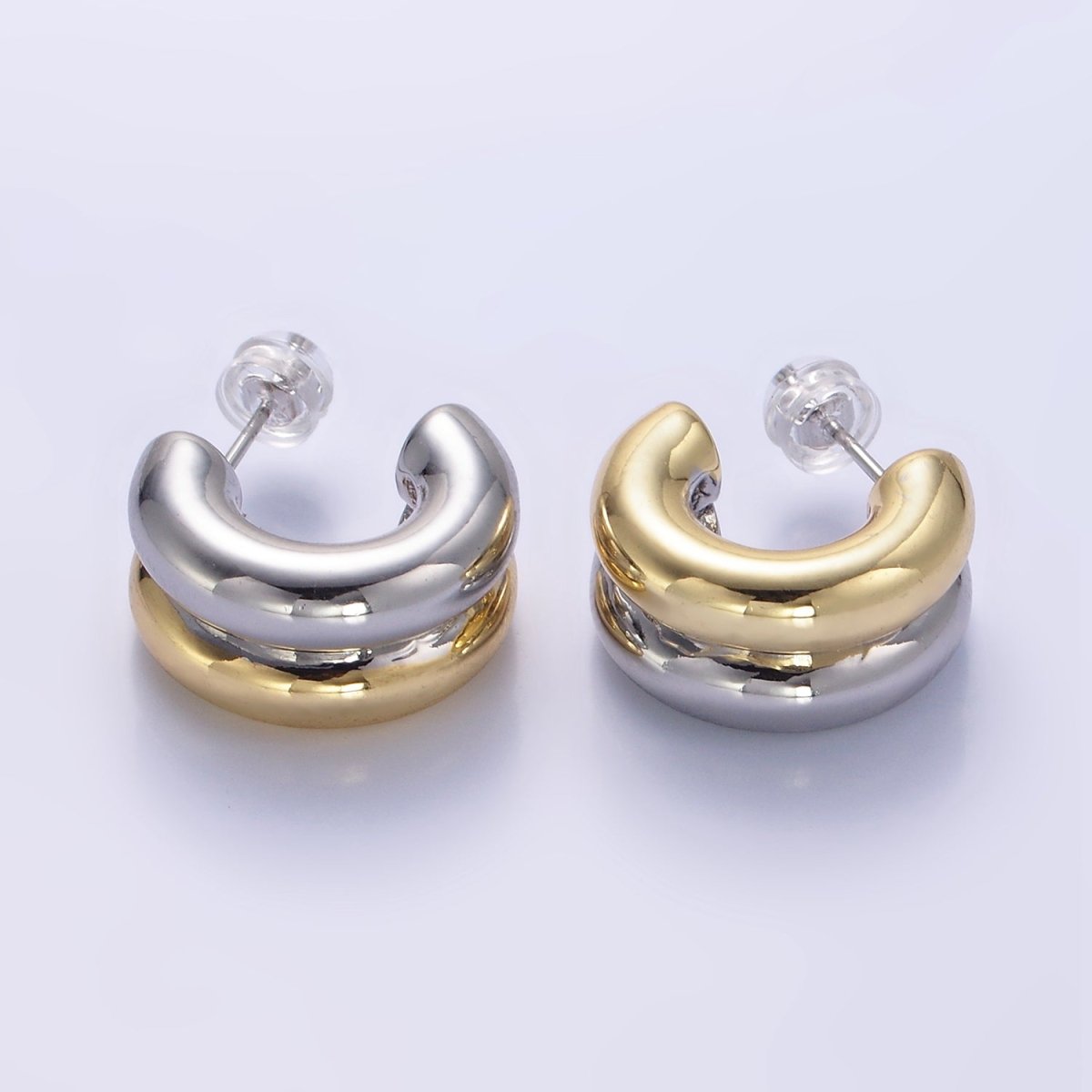 24K Gold Filled Double Band C - Shaped Hoop Earrings in Gold, Silver & Mixed Metal | T316 T317 - DLUXCA