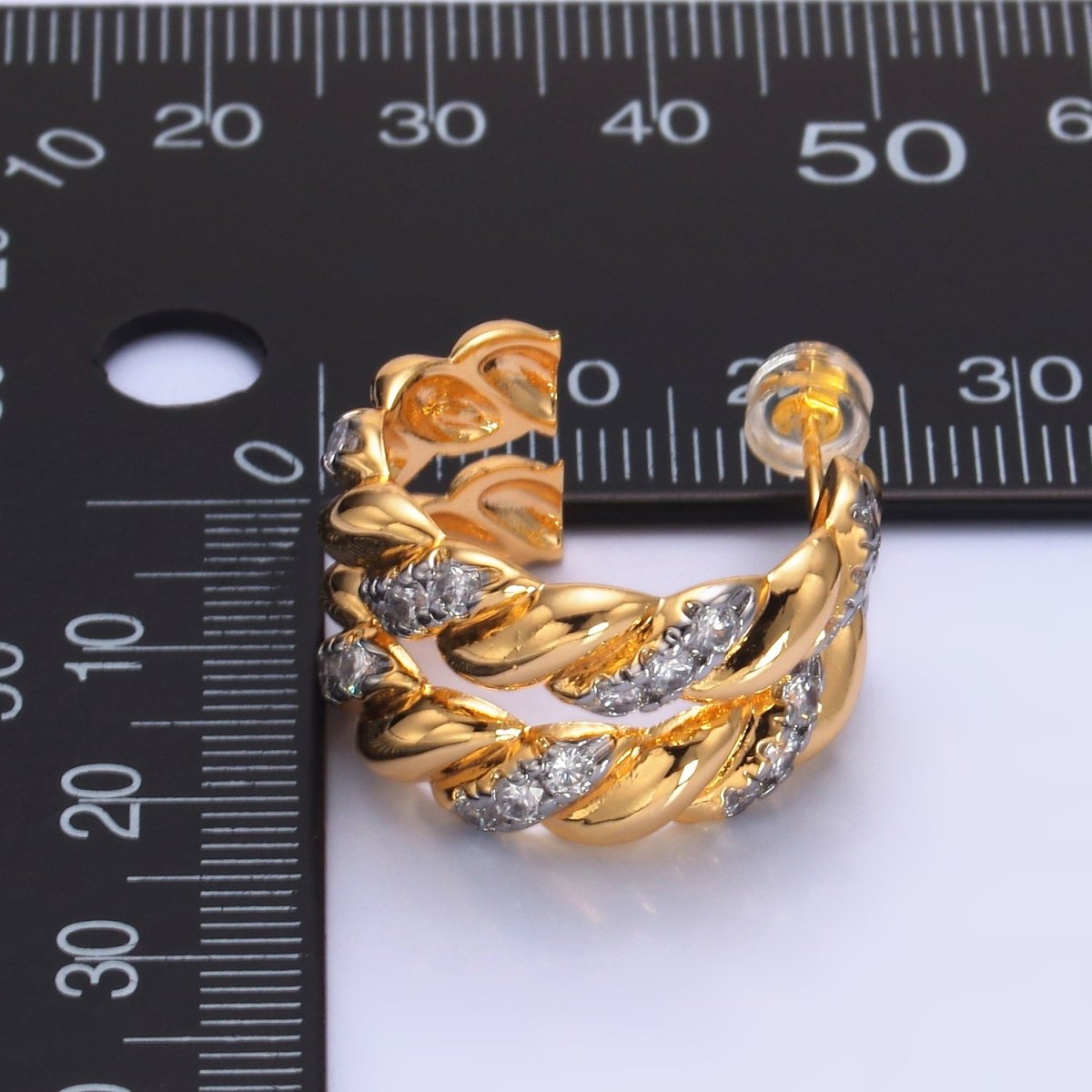 24K Gold Filled Double Croissant Micro Paved CZ Mixed Metal C - Shaped Hoop Earrings | V305 - DLUXCA