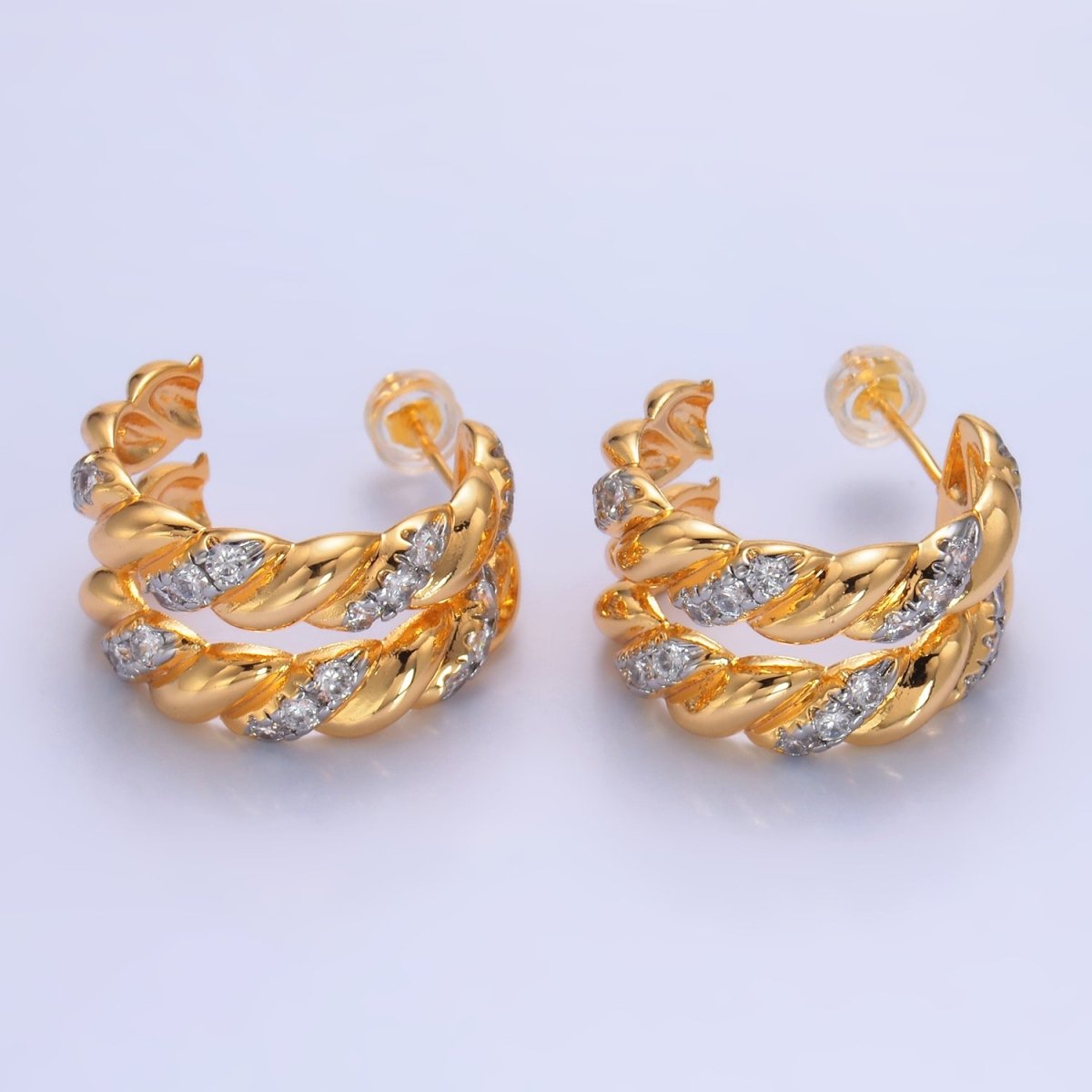 24K Gold Filled Double Croissant Micro Paved CZ Mixed Metal C - Shaped Hoop Earrings | V305 - DLUXCA