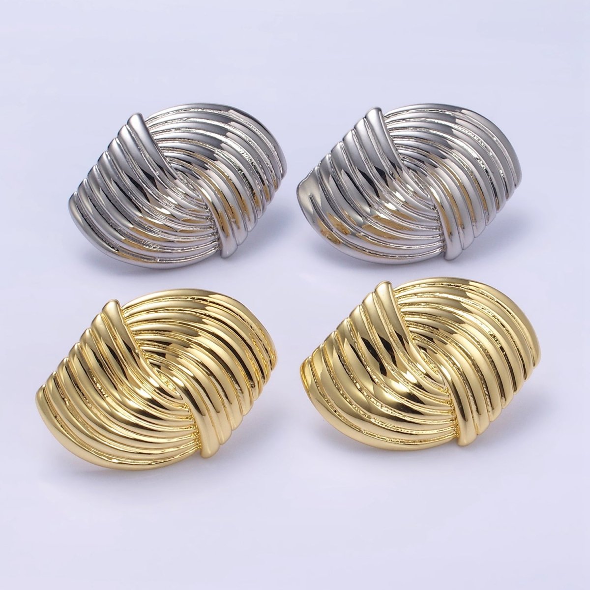 24K Gold Filled Double Curved Puffed Lined Geometric Stud Earrings in Gold & Silver | T314 T315 - DLUXCA