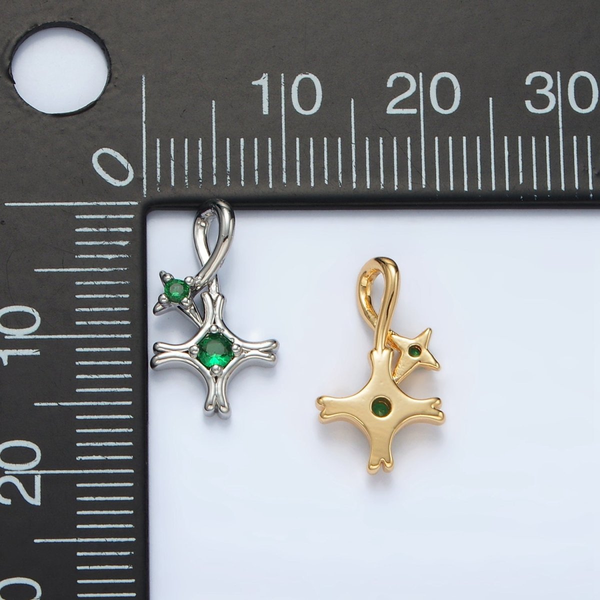 24K Gold Filled Double Green CZ Celestial Star Charm in Gold & Silver | AA1513 - DLUXCA