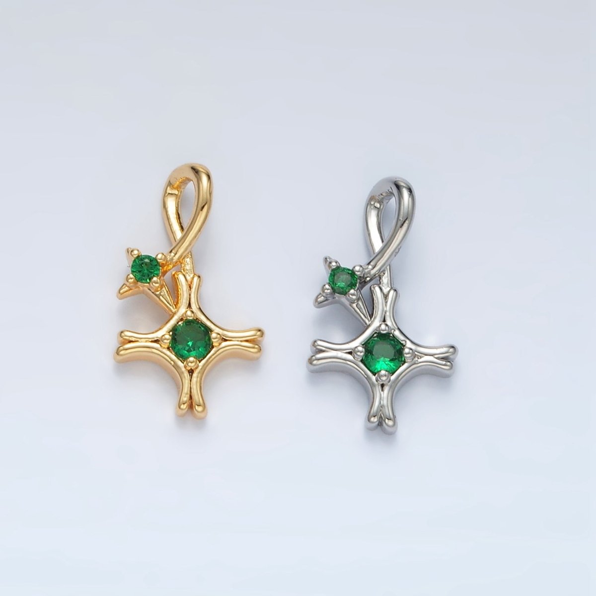 24K Gold Filled Double Green CZ Celestial Star Charm in Gold & Silver | AA1513 - DLUXCA