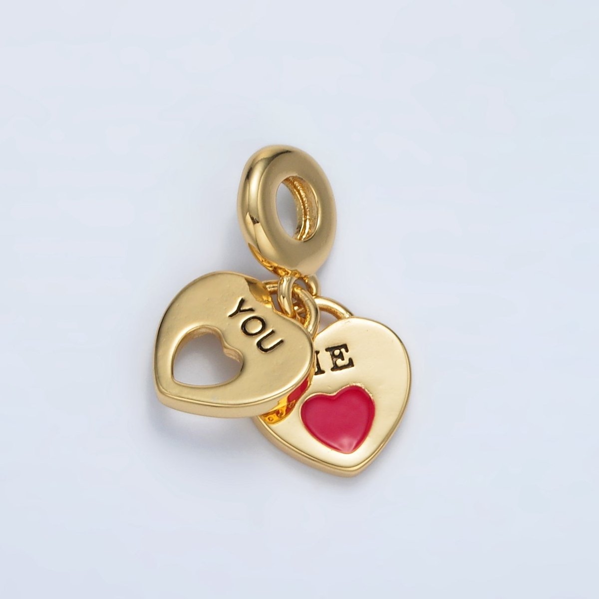 24K Gold Filled Double Heart Padlock "ME" "YOU" Script Rondelle Bail Drop Pendant | AC092 - DLUXCA