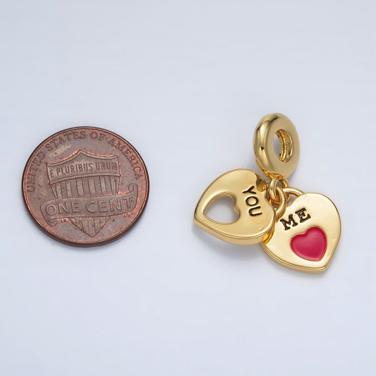 24K Gold Filled Double Heart Padlock "ME" "YOU" Script Rondelle Bail Drop Pendant | AC092 - DLUXCA