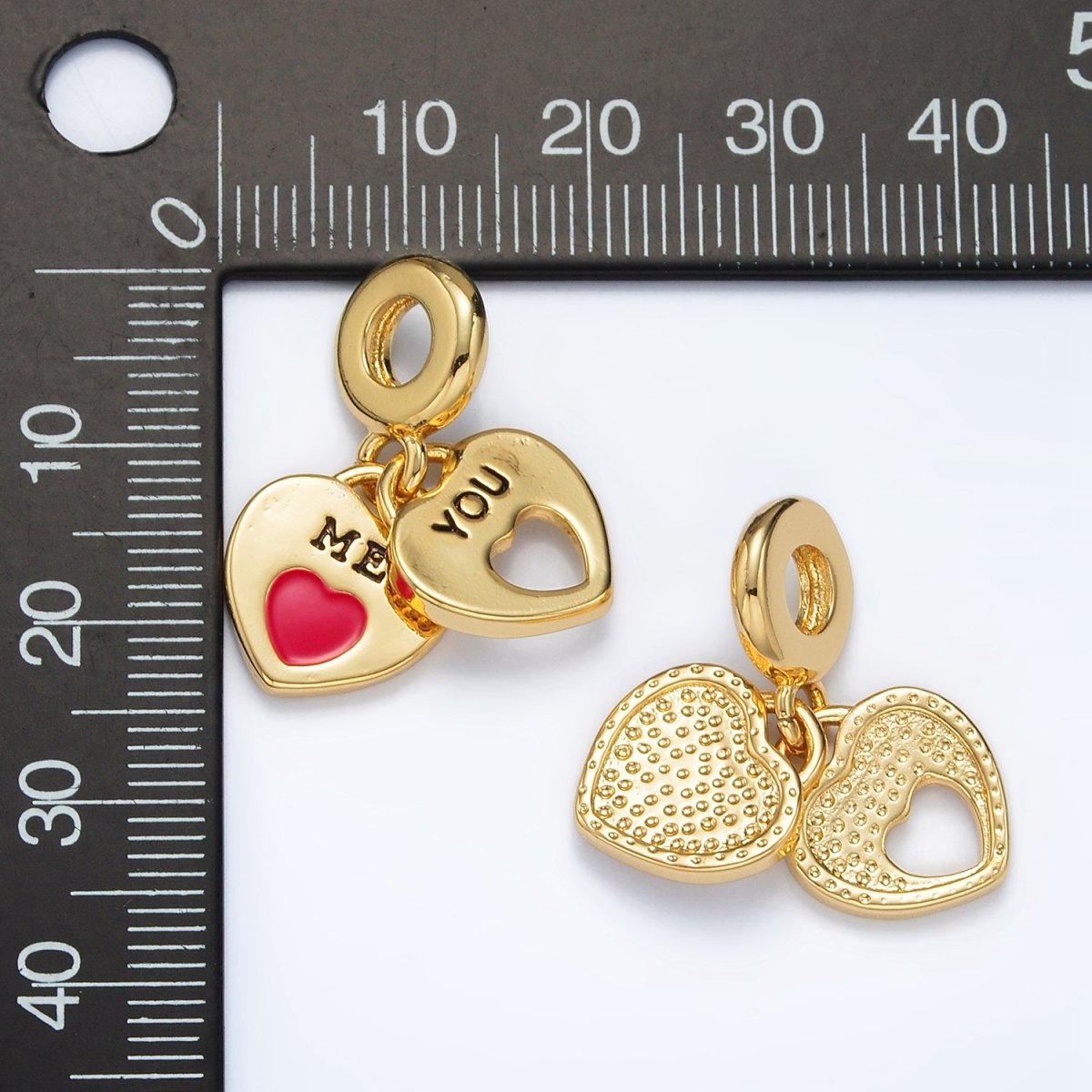 24K Gold Filled Double Heart Padlock "ME" "YOU" Script Rondelle Bail Drop Pendant | AC092 - DLUXCA