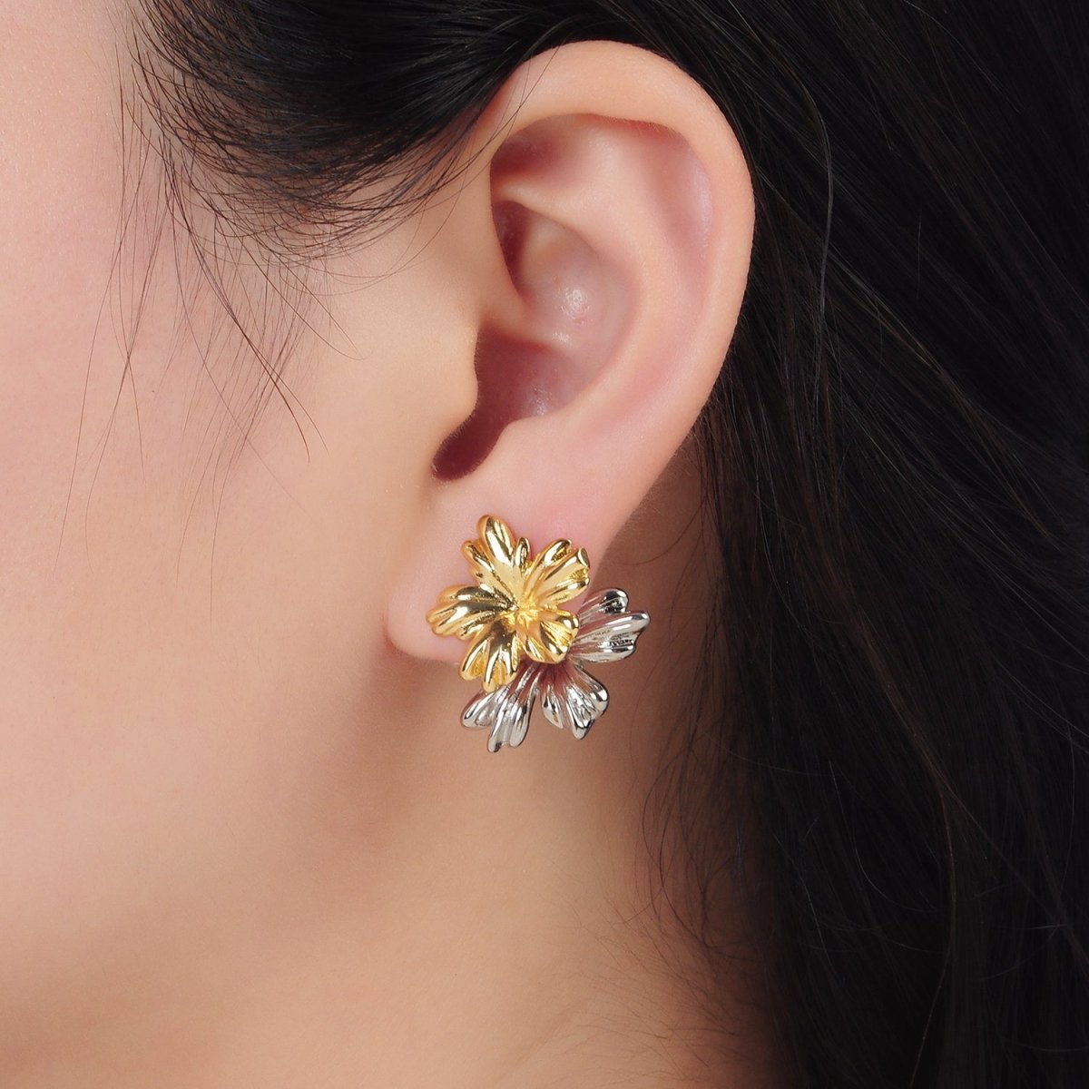 24K Gold Filled Double Metal Flower Pop Stud Earring | V - 090 - DLUXCA