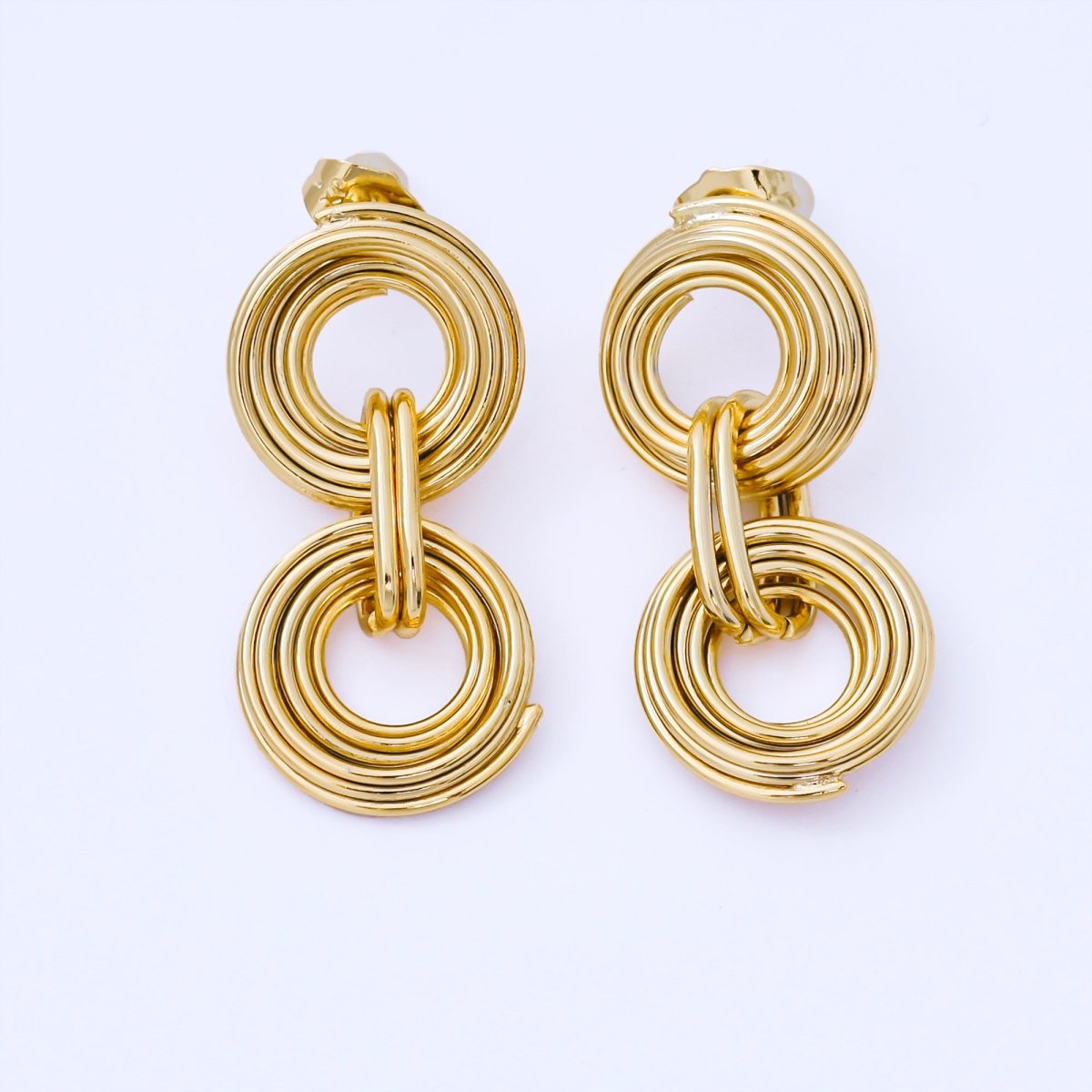 24K Gold Filled Double Multiple Linear Band Round Geometric Drop Stud Earrings | AB1641 - DLUXCA