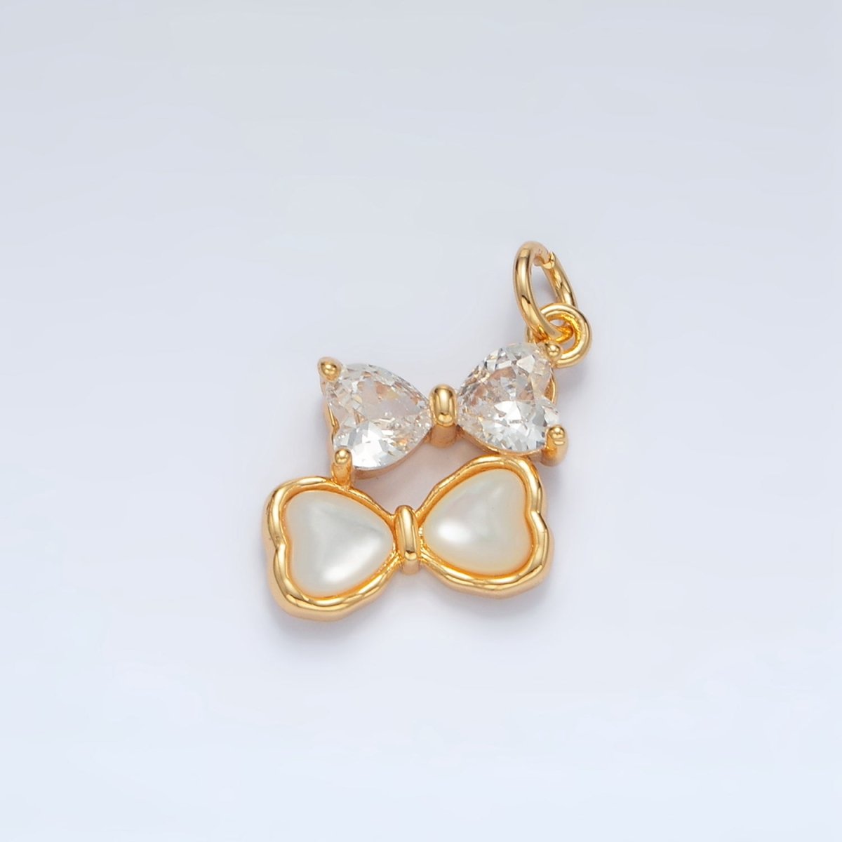 24K Gold Filled Double Ribbon Bow Shell Pearl CZ Charm | AG934 - DLUXCA