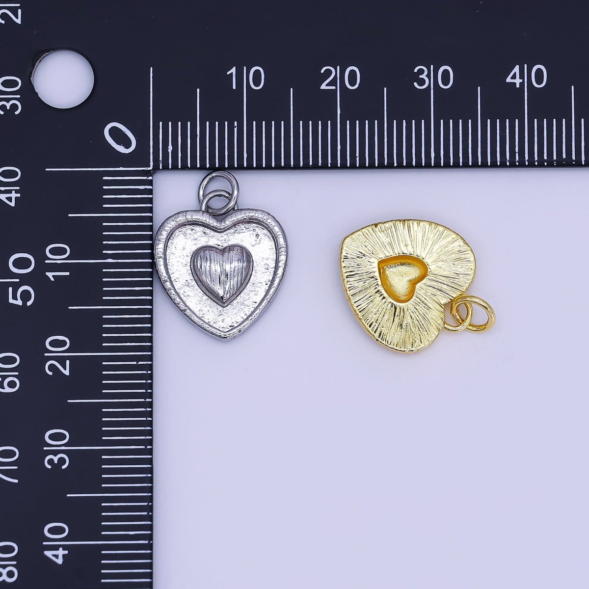 24K Gold Filled Double Sided Textured Sunburst Heart Outline Charm in Gold & Silver | AJ291 - DLUXCA