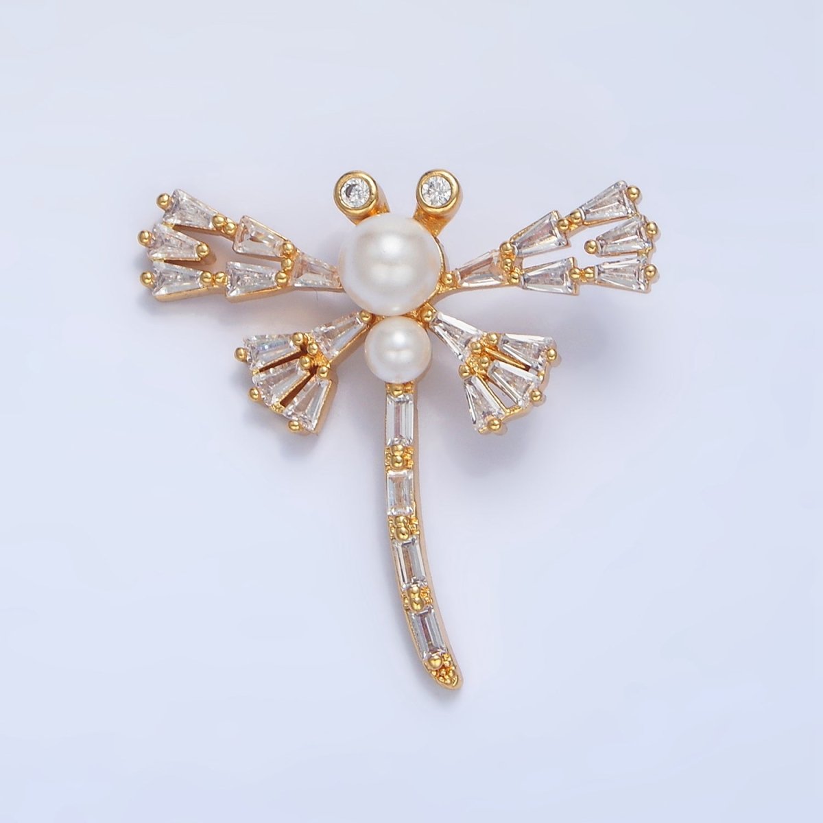 24K Gold Filled Dragonfly Insect Shell Pearl Baguette CZ Pendant | AA951 - DLUXCA