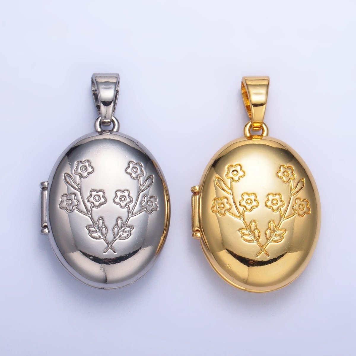 24K Gold Filled Dual Flower Engraved Oval Locket Pendant in Gold & Silver | AA1007 - DLUXCA