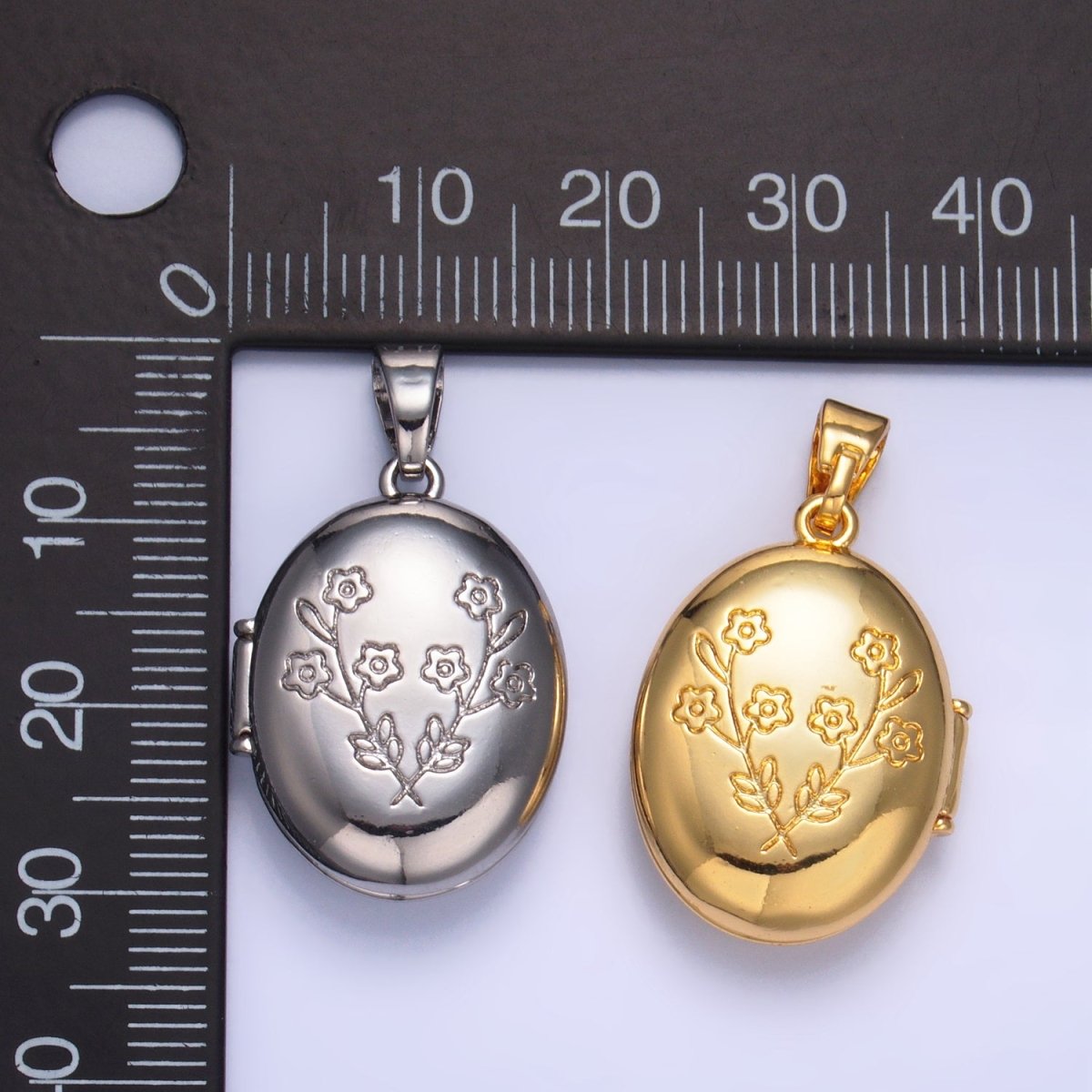 24K Gold Filled Dual Flower Engraved Oval Locket Pendant in Gold & Silver | AA1007 - DLUXCA