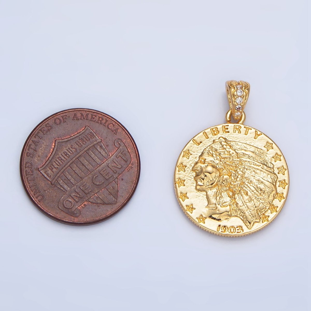 24K Gold Filled "E PLURIBUS UNUM" Eagle Indigenous America Double Sided Coin Pendant in Gold & Oxidized Silver | AA940 - DLUXCA