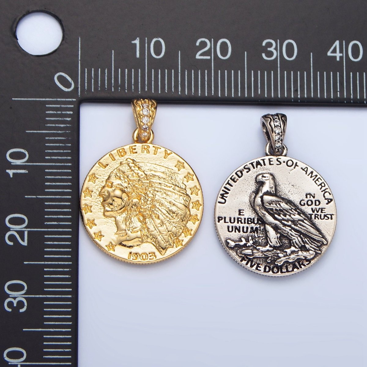 24K Gold Filled "E PLURIBUS UNUM" Eagle Indigenous America Double Sided Coin Pendant in Gold & Oxidized Silver | AA940 - DLUXCA